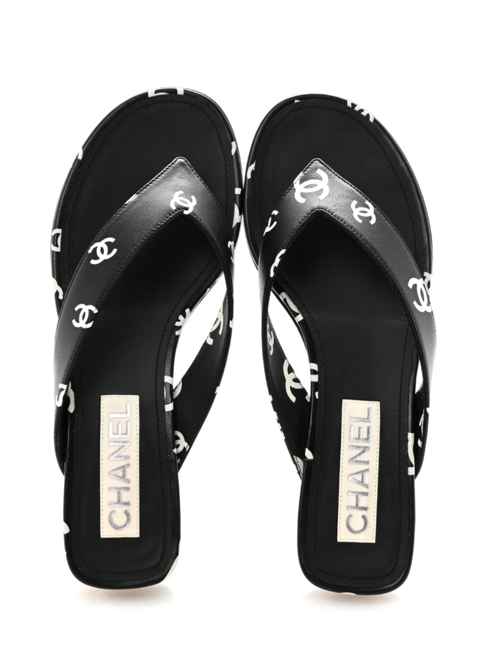 CHANEL Black and White Logo Thong Sandals
